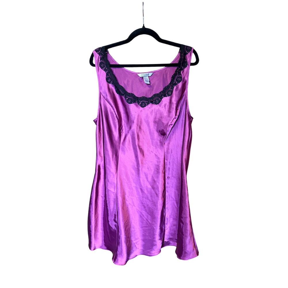 Delicates plus size 1X fuchsia pink black lace trim slip nightie gown satin